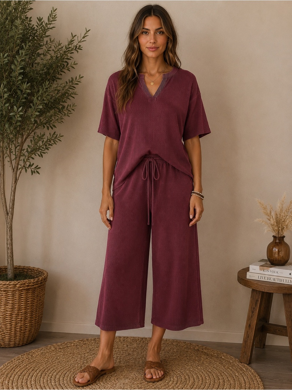 Blumin Ribbed Waffle Knit Oversized Top Washed Burgundy Split Neck Dolman Sleeve